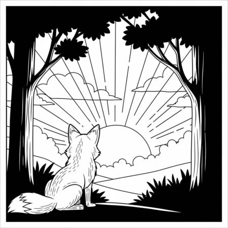 Raposa e o Sol Nascente (Desenho para Colorir)