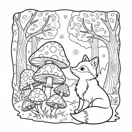 Raposa e os Cogumelos (Desenho para Colorir)