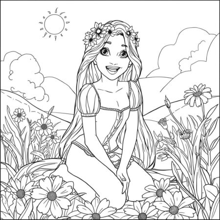 Rapunzel e Flores (Desenho para Colorir)