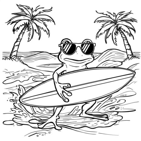 Sapo Surfista na Praia (Desenho para Colorir)