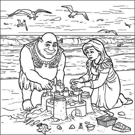 Shrek e Fiona na Praia (Desenho para Colorir)
