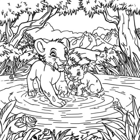 Simba e Nala no Lago (Desenho para Colorir)