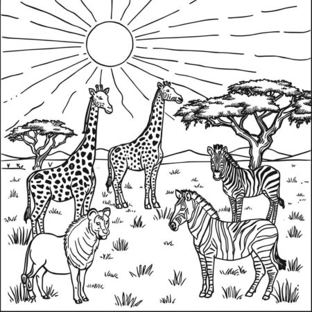Sol e Animais Selvagens (Desenho para Colorir)