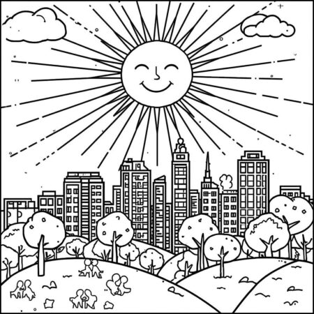 Sol e Cidades Brilhantes (Desenho para Colorir)