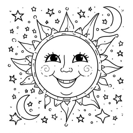 Sol e Estrelas Brilhantes (Desenho para Colorir)