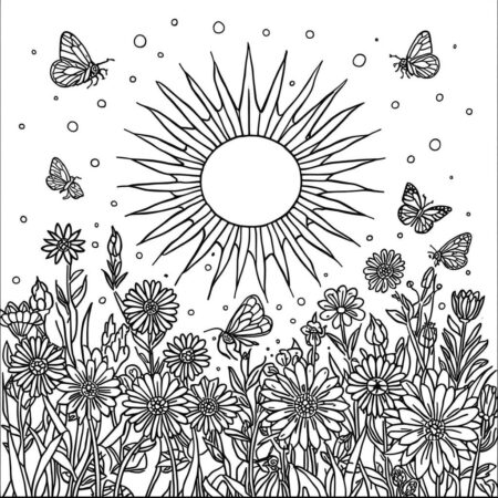 Sol e Flores Coloridas (Desenho para Colorir)