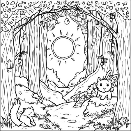 Sol e Floresta Encantada (Desenho para Colorir)