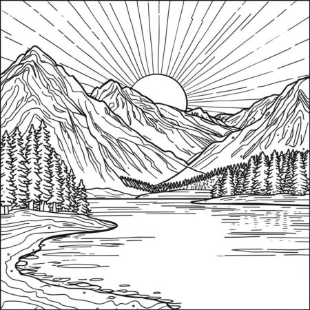 Sol e Montanhas Majestosas (Desenho para Colorir)