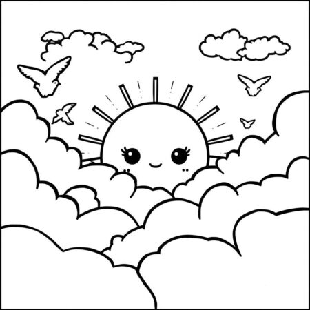 Sol e Nuvens Fofas (Desenho para Colorir)