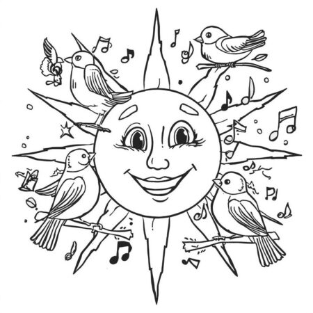 Sol e Passaros Cantores (Desenho para Colorir)