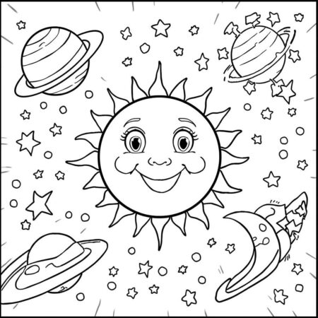 Sol e Planetas do Espaco (Desenho para Colorir)