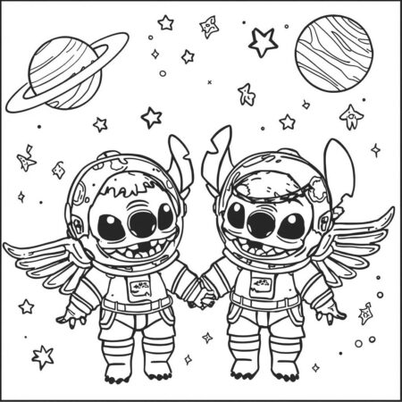 Stitch e Angel Astronautas (Desenho para Colorir)