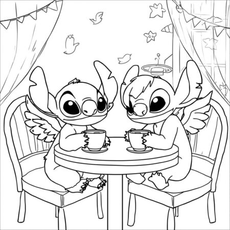 Stitch e Angel em um Cafe (Desenho para Colorir)
