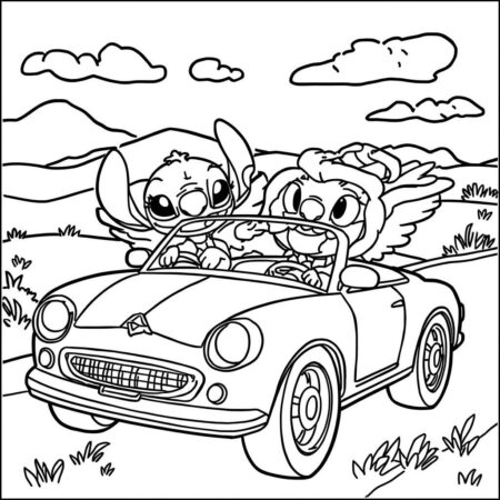 Stitch e Angel em um Carro (Desenho para Colorir)