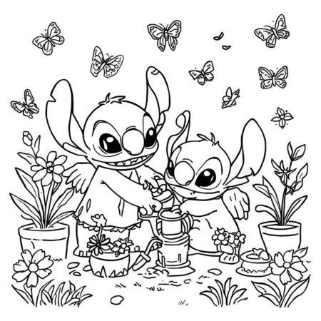 Stitch e Angel em um Jardim (Desenho para Colorir)