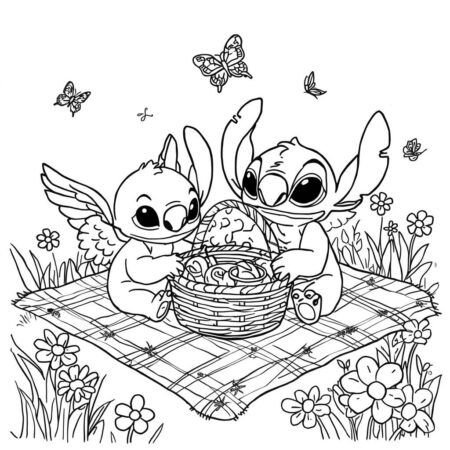 Stitch e Angel em um Picnic (Desenho para Colorir)