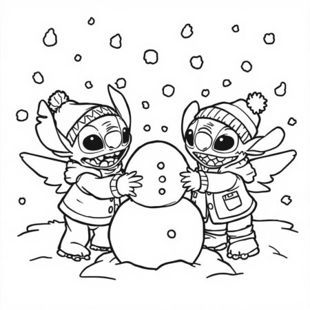 Stitch e Angel no Inverno (Desenho para Colorir)