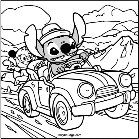 Stitch e Carros (Desenho para Colorir)