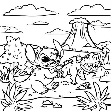 Stitch e Dinossauros (Desenho para Colorir)