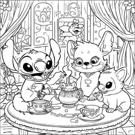 Stitch e Festa do Cha (Desenho para Colorir)