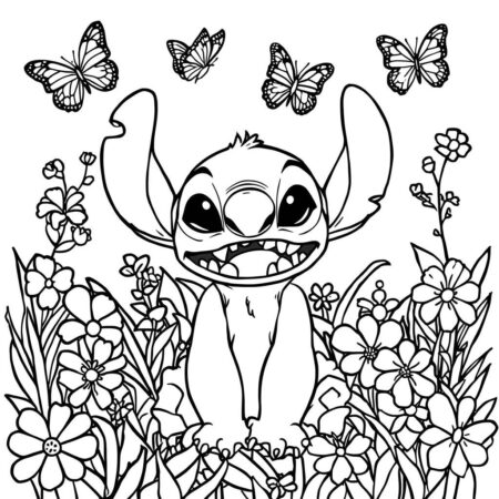 Stitch e Flores (Desenho para Colorir)