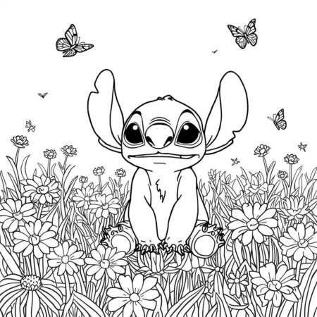 Stitch e Flores (Desenho para Colorir)