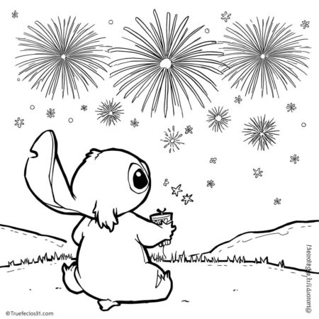 Stitch e Fogos de Artificio (Desenho para Colorir)