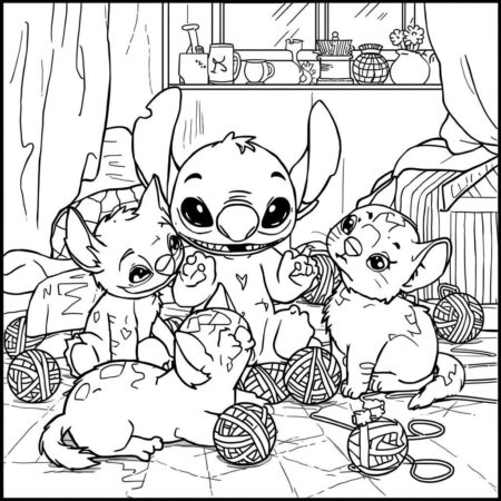 Stitch e Gatos (Desenho para Colorir)