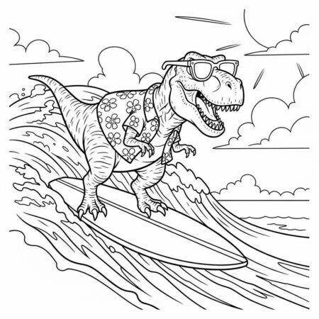 T rex Surfista Verao (Desenho para Colorir)