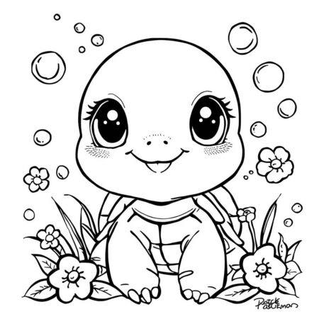 Tartaruga Kawaii (Desenho para Colorir)
