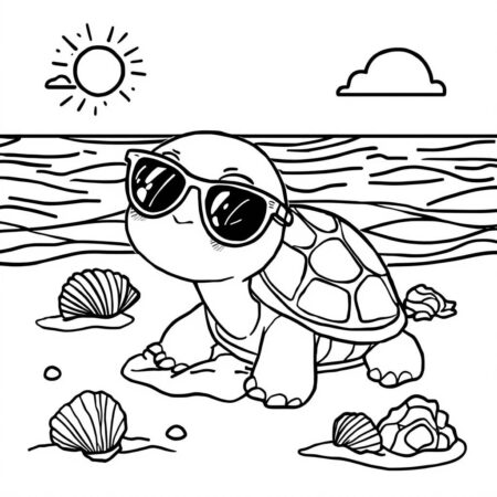Tartaruga Kawaii na Praia (Desenho para Colorir)