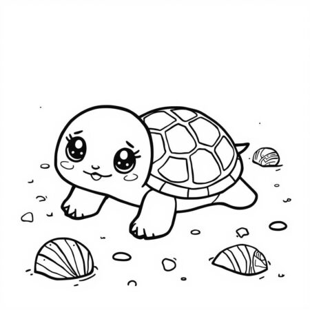 Tartaruga Kawaii na Praia (Desenho para Colorir)