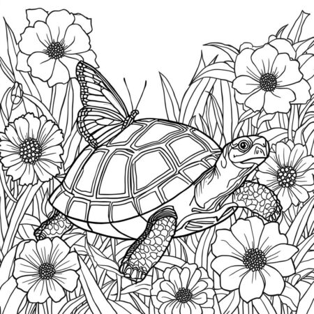 Tartaruga e Flores (Desenho para Colorir)