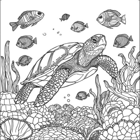 Tartaruga e Peixes (Desenho para Colorir)