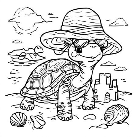 Tartaruga em Praia (Desenho para Colorir)