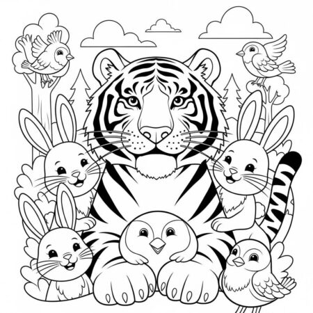 Tigre Com Amigos Animais (Desenho para Colorir)