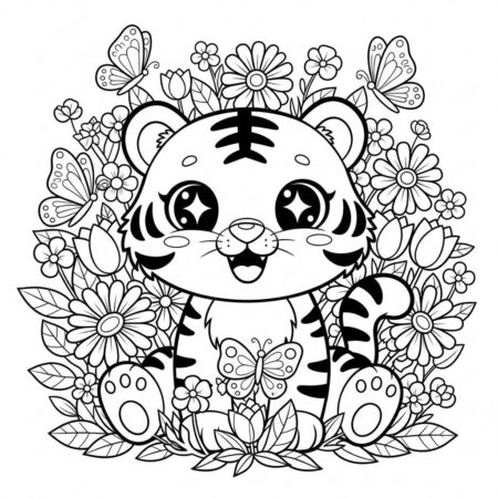 Tigre Kawaii Fofo (Desenho para Colorir)
