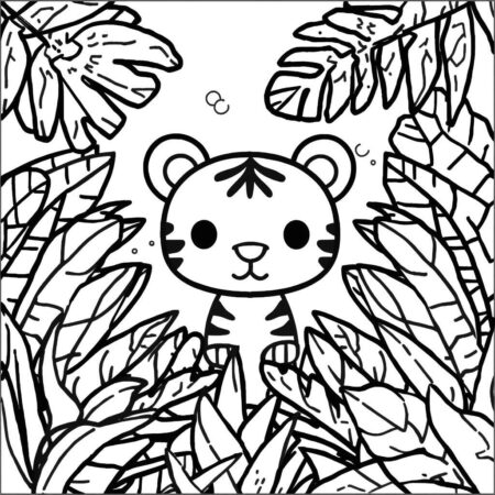 Tigre Kawaii na Selva (Desenho para Colorir)