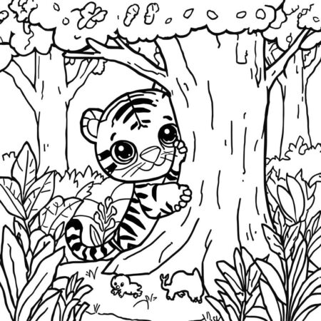 Tigre Kawaii na Selva (Desenho para Colorir)