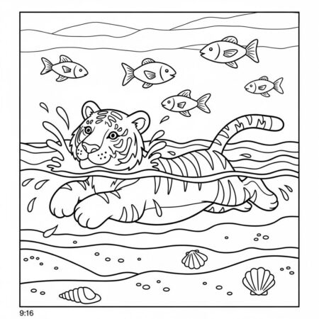 Tigre e Animais Marinhos (Desenho para Colorir)