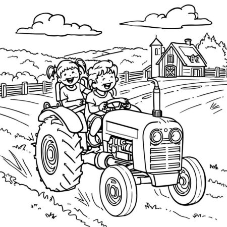 Trator Com Criancas (Desenho para Colorir)