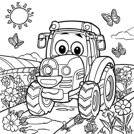 Trator Kawaii Feliz (Desenho para Colorir)