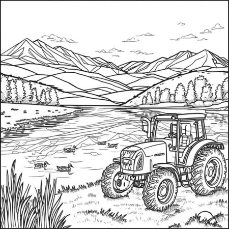 Trator e Lago (Desenho para Colorir)