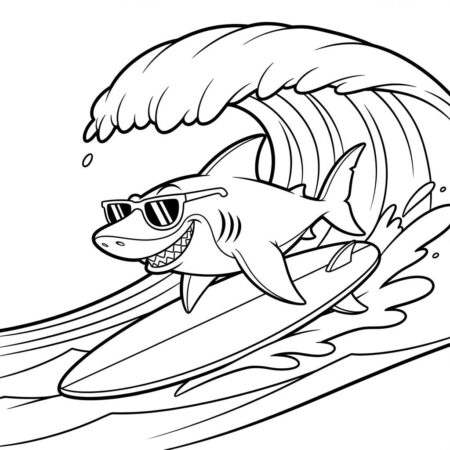 Tubarao Surfista Divertido (Desenho para Colorir)