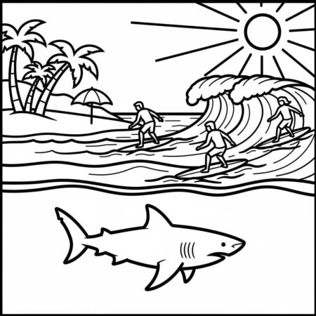 Tubarao com Surfistas (Desenho para Colorir)