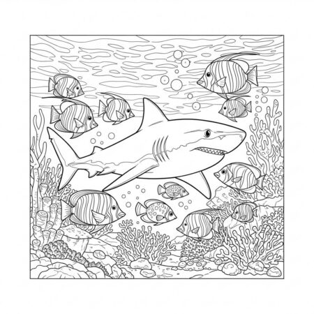 Tubarao e Peixes Coloridos (Desenho para Colorir)