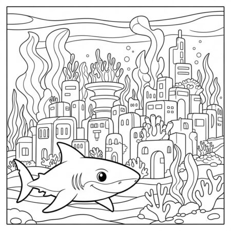 Tubarao e a Cidade Submarina (Desenho para Colorir)