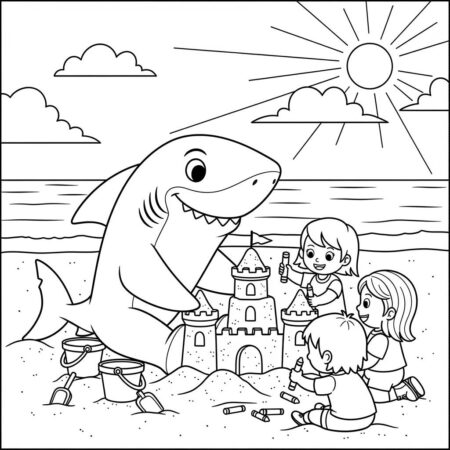 Tubarao e a Diversao na Praia (Desenho para Colorir)