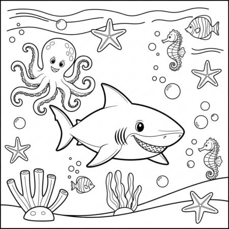 Tubarao e os Amigos do Mar (Desenho para Colorir)