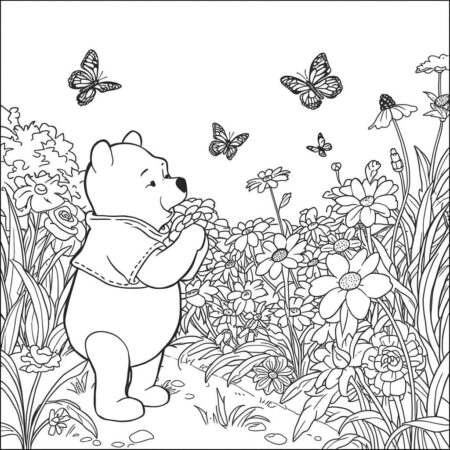 Ursinho Pooh e Flores (Desenho para Colorir)